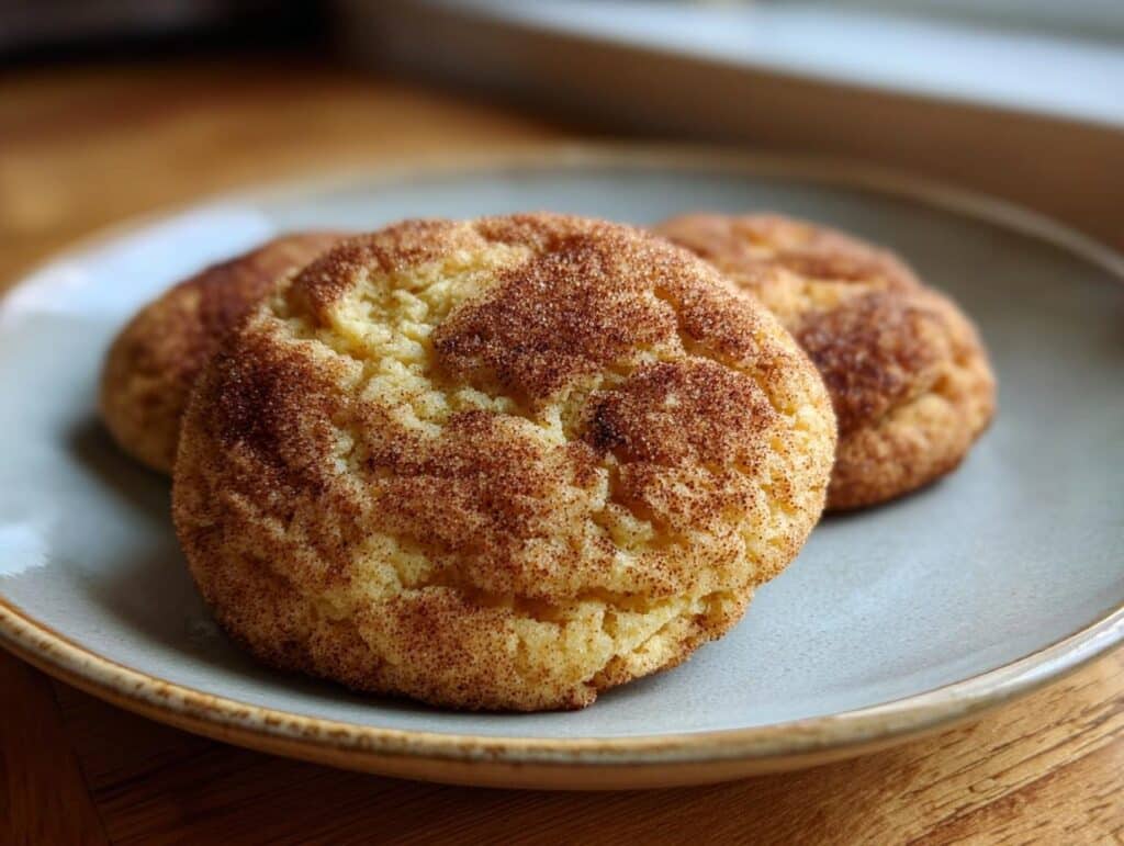 Close-up of two golden-brown snickerdoodle cookies recipe on a light blue plate, dusted with cinnamon sugar.