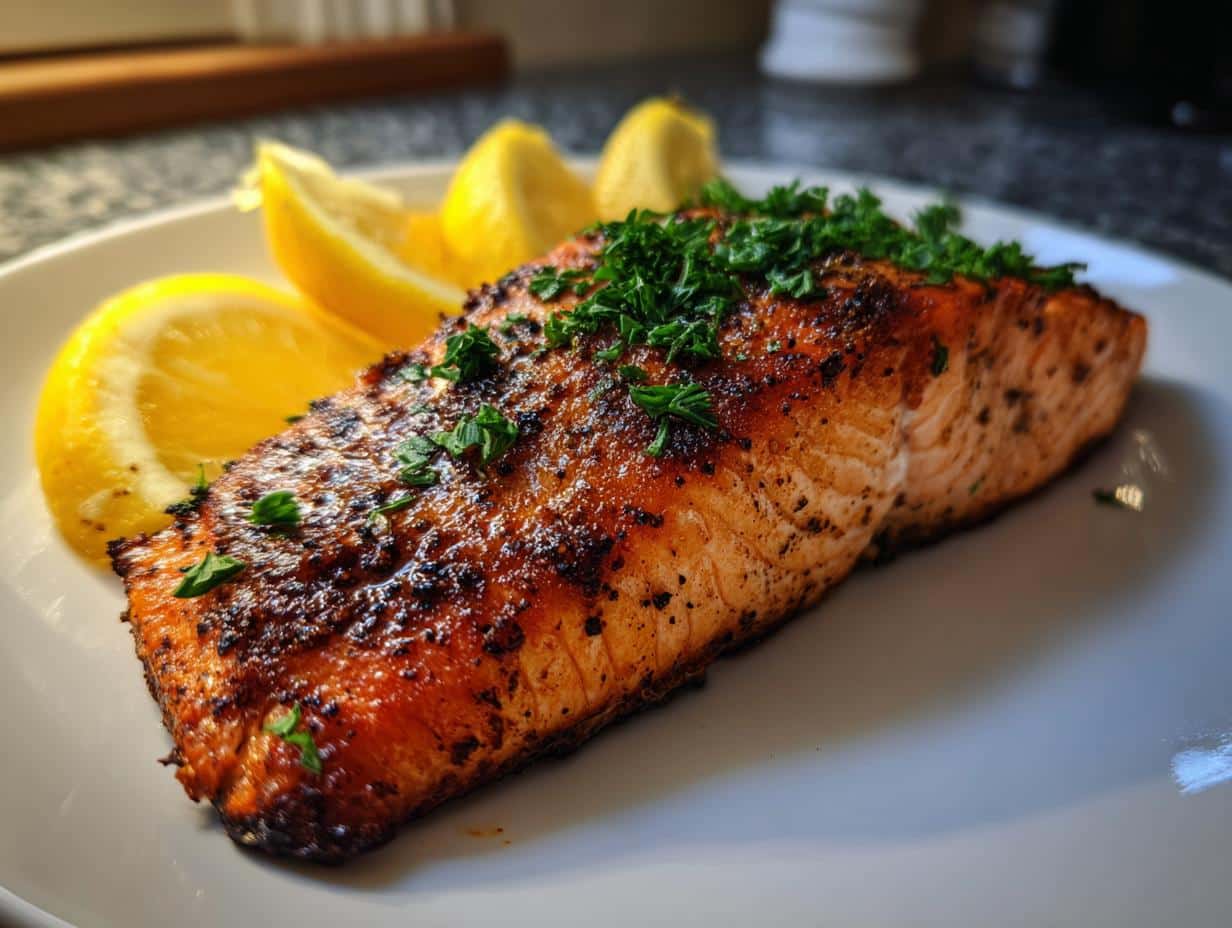 A perfectly cooked best air fryer salmon fillets, garnished with fresh parsley and served with lemon wedges on a white plate.