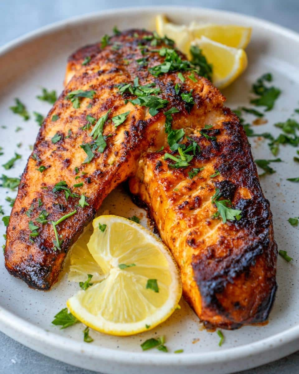 Two perfectly cooked best air fryer salmon fillets, garnished with fresh parsley and lemon wedges on a white plate.