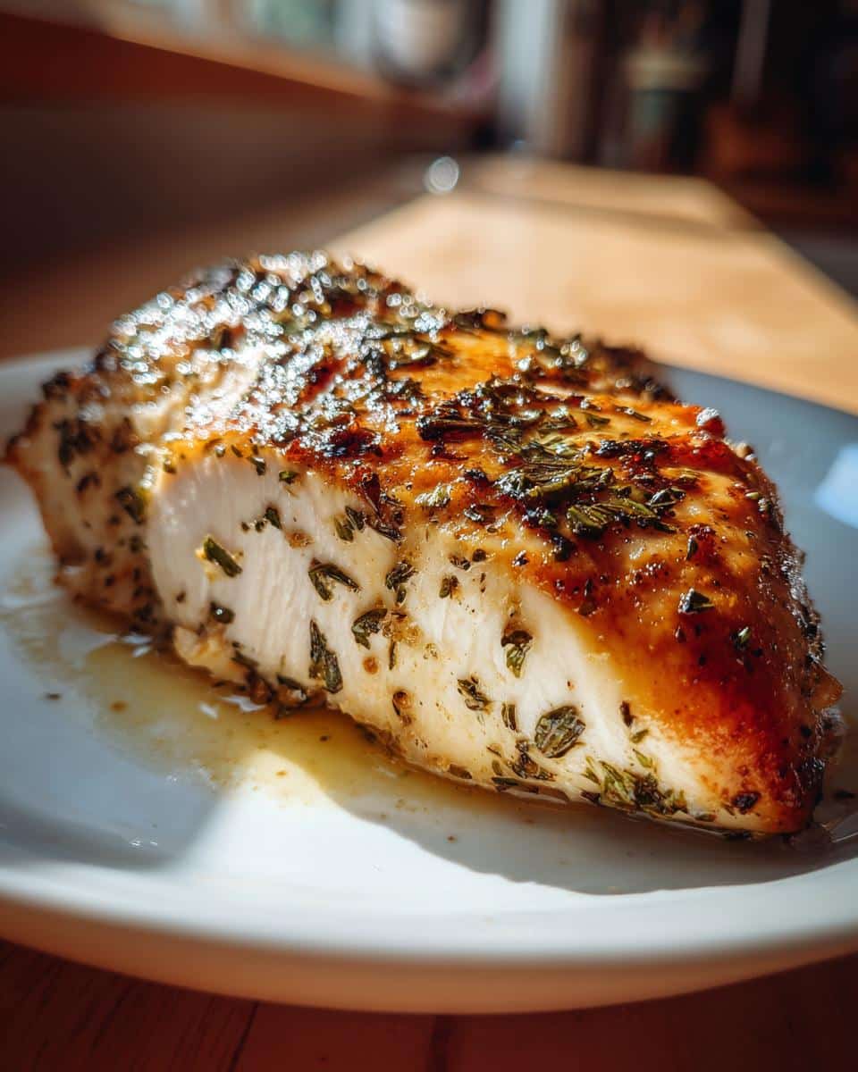 Close-up of a perfectly cooked boneless chicken breast, seasoned with herbs, resting on a white plate with juices.