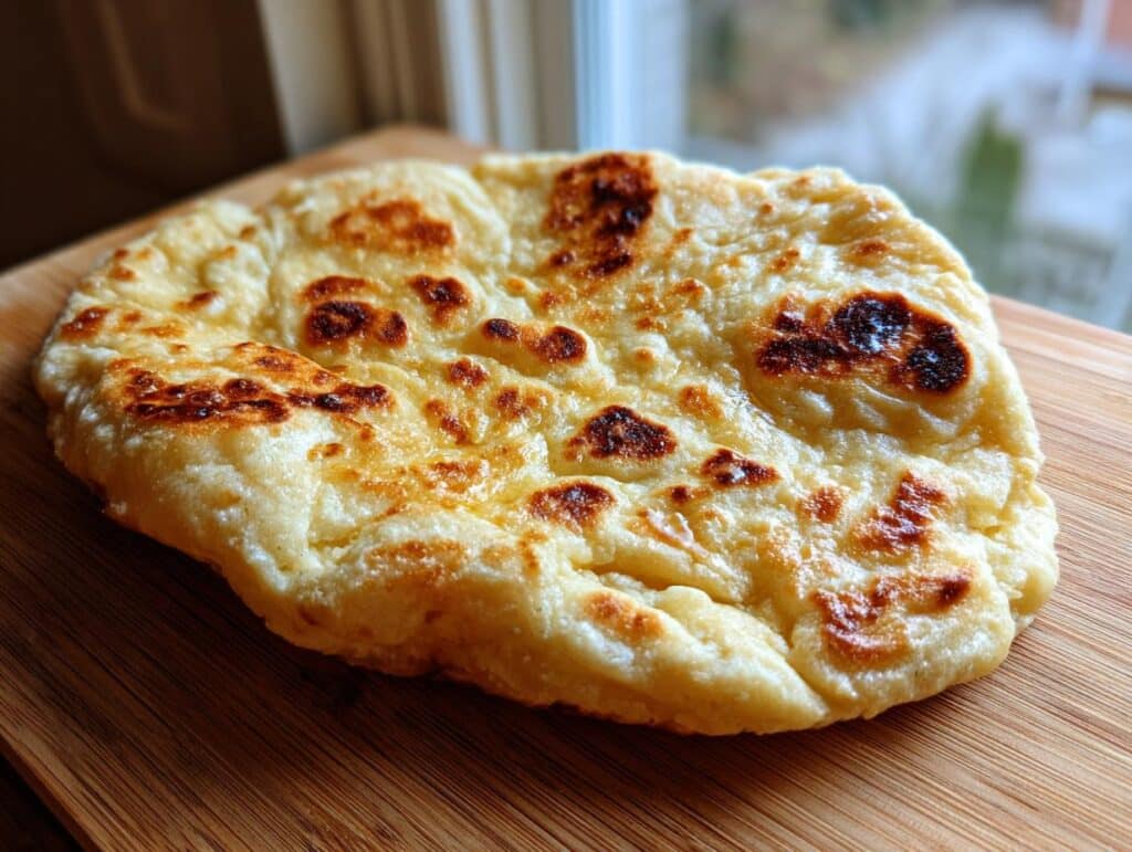 A close-up of a golden-brown, perfectly cooked gluten free naan dough on a wooden cutting board.