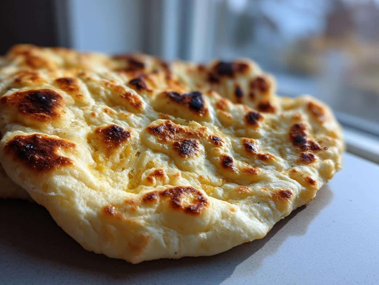 Close-up of a golden-brown, bubbly gluten free naan dough, showing charred spots and soft texture.