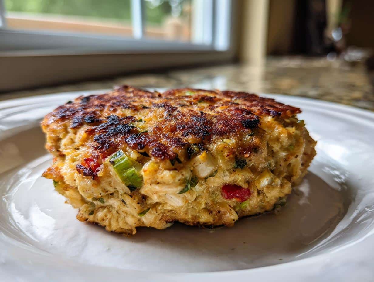A single, golden-brown tuna cake on a white plate, showing crispy edges and visible ingredients like green onions and red bell pepper. This is a delicious tuna cakes recipe.