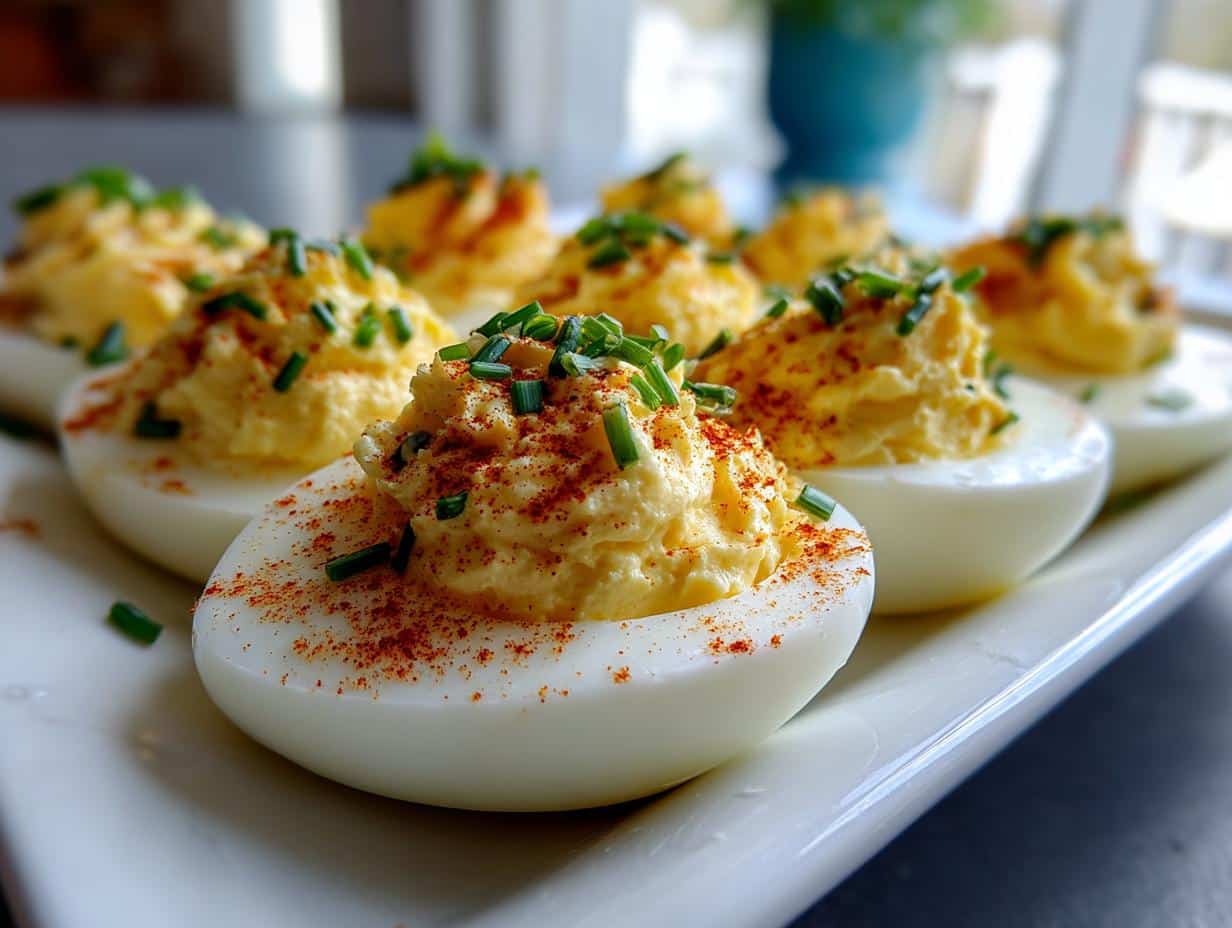 Close-up of several deviled eggs on a white platter, garnished with paprika and fresh chives, showcasing a delicious deviled eggs recipe.
