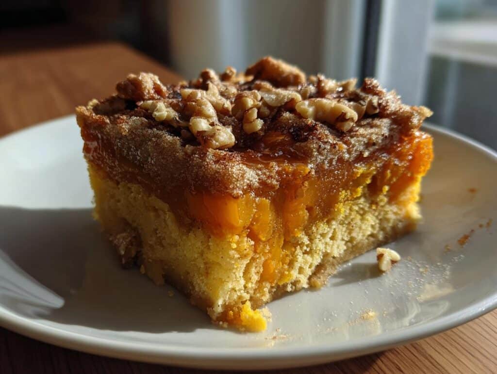 A slice of persimmon dessert topped with walnuts, showcasing the fruit filling and cake layers.