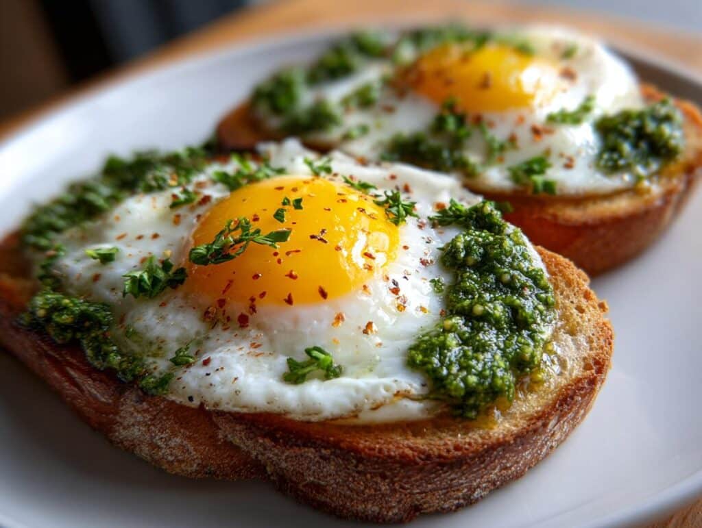 Two slices of toast topped with fried pesto eggs, garnished with fresh herbs and red pepper flakes.