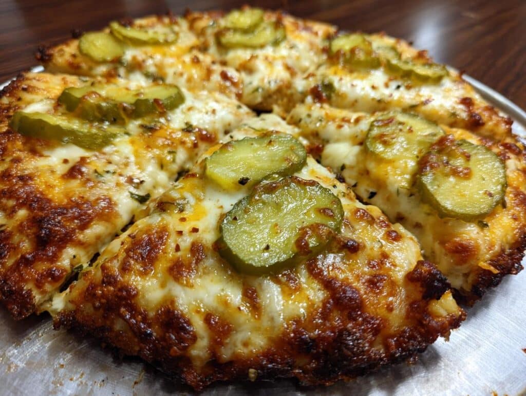 Close-up of a sliced pickle pizza with melted cheese, herbs, and pickle toppings.