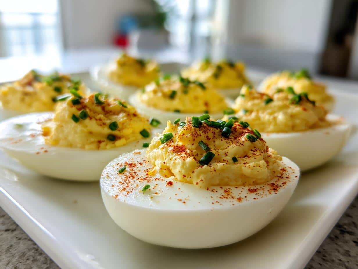 A close-up of a platter of perfectly prepared deviled eggs recipe, garnished with paprika and fresh chives.