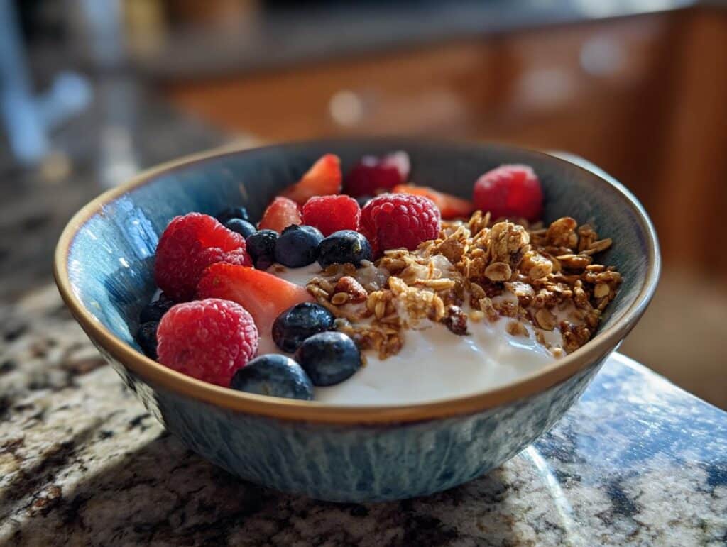 A vibrant Protein Yogurt Bowl filled with creamy yogurt, fresh berries, and crunchy granola.