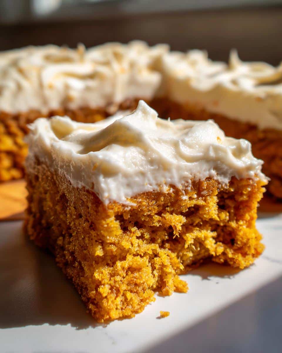 A close-up of a single Pumpkin Bar With Cream Cheese Frosting, showing the moist pumpkin cake and thick white frosting.