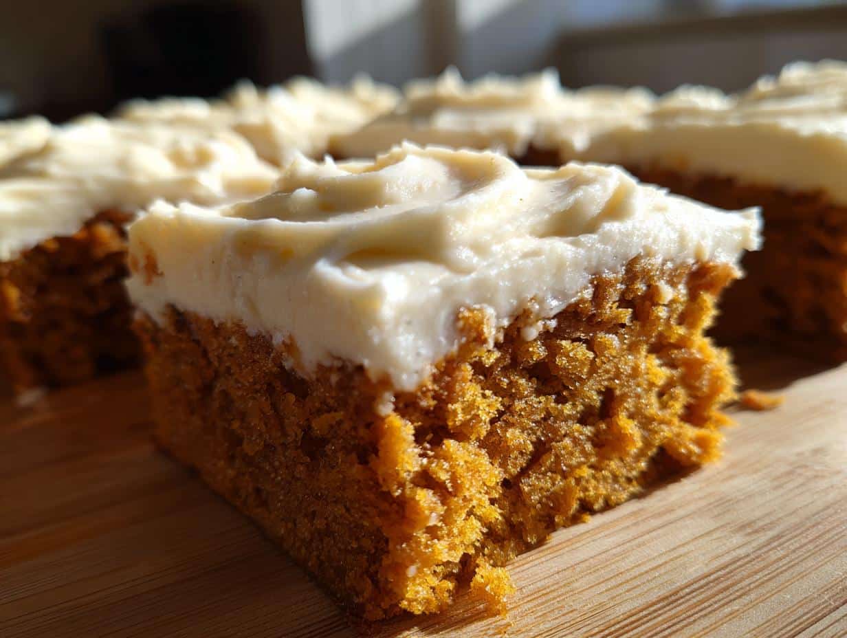 A close-up shot of a single square Pumpkin Bar With Cream Cheese Frosting on a wooden surface, showing its moist texture.