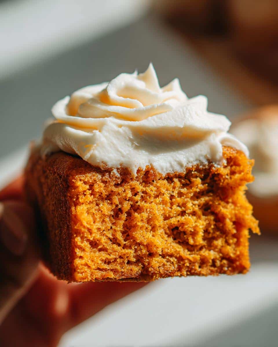 A hand holding a square slice of Pumpkin Bars With Cream Cheese Frosting, showing the fluffy frosting and moist cake texture.