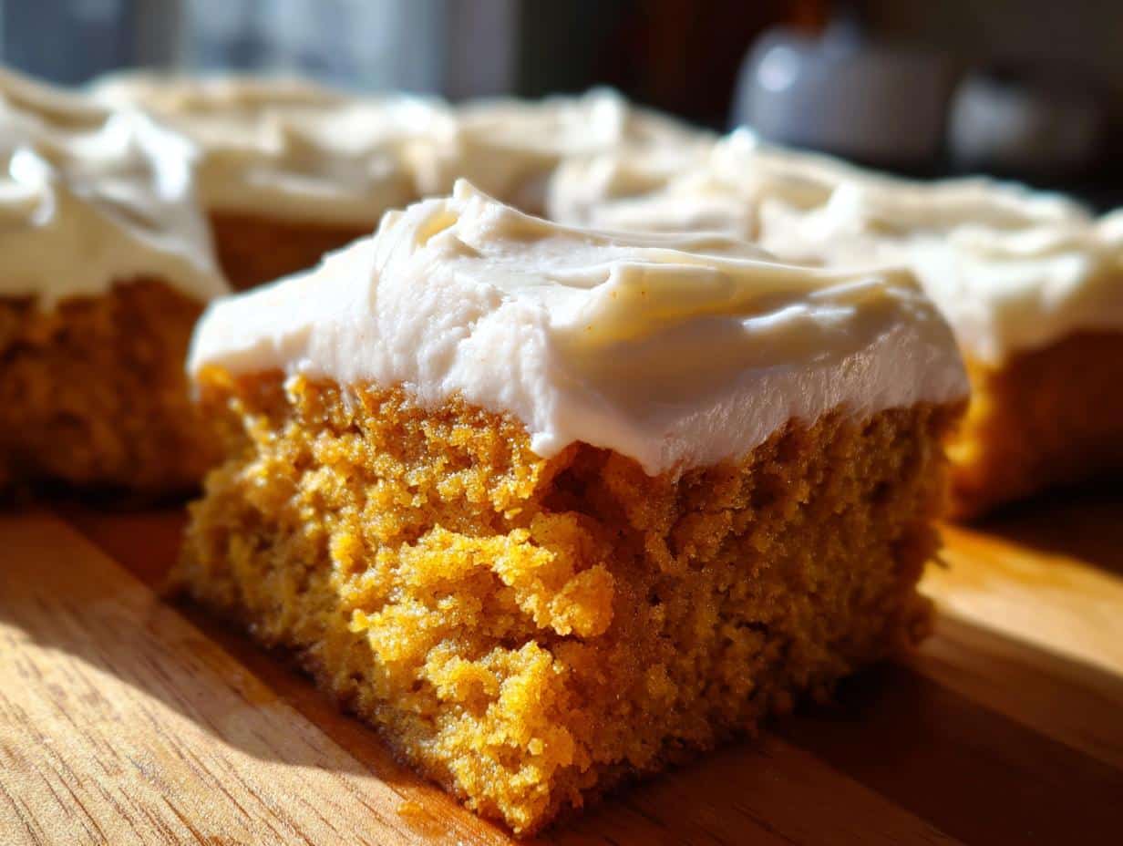 Close-up of a single Pumpkin Bar With Cream Cheese Frosting on a wooden surface, showing its moist texture and creamy white frosting.