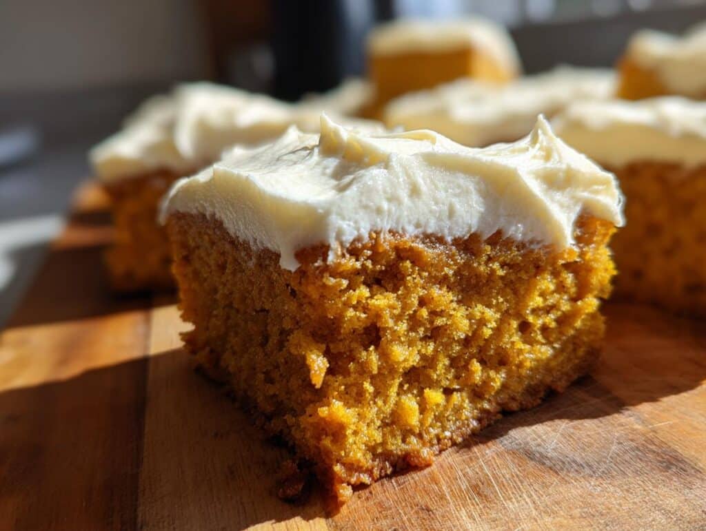 Close-up of a square Pumpkin Bar With Cream Cheese Frosting on a wooden board, with more bars blurred in the background.