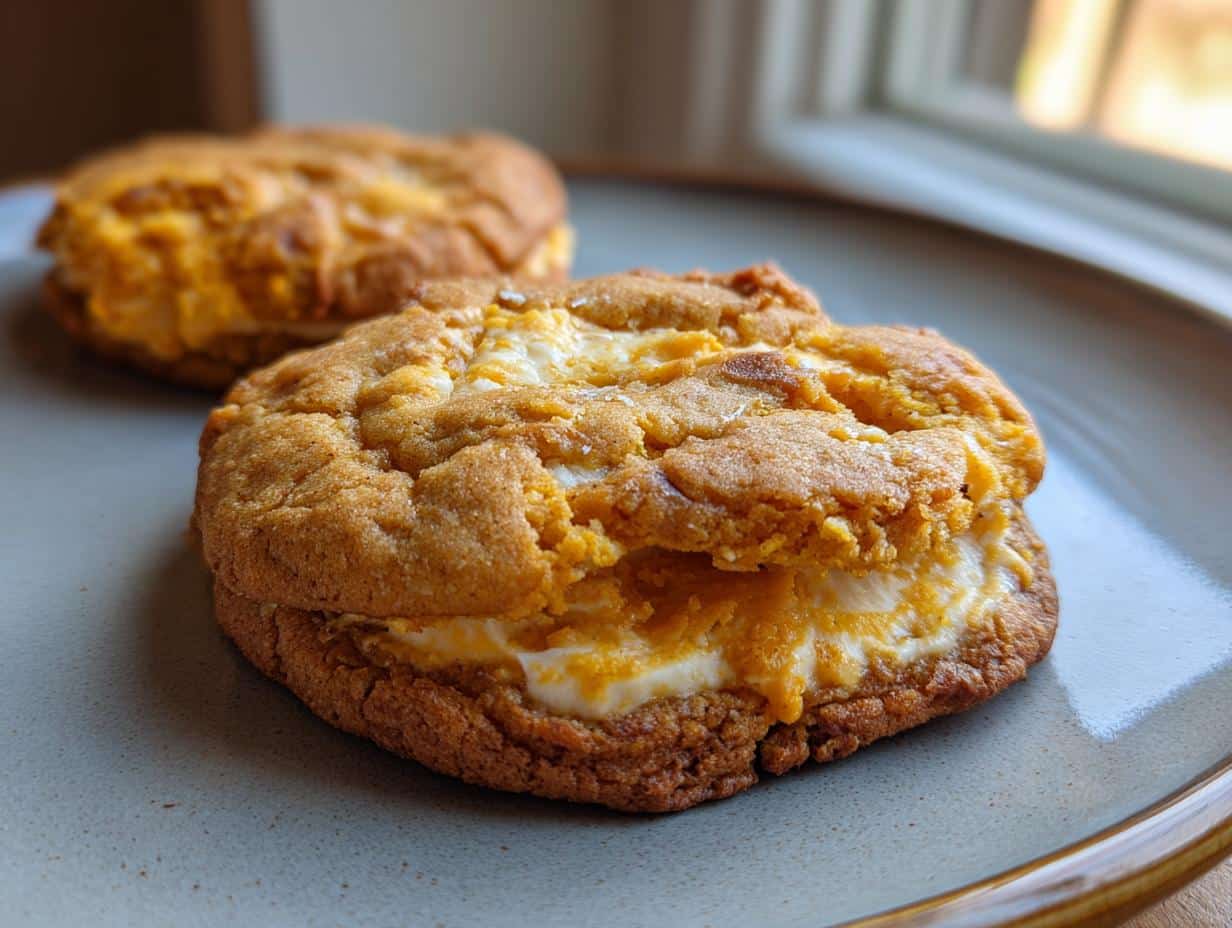 Two Pumpkin Cheesecake Cookies on a gray plate, showing the creamy cheesecake filling between pumpkin-spiced cookies.