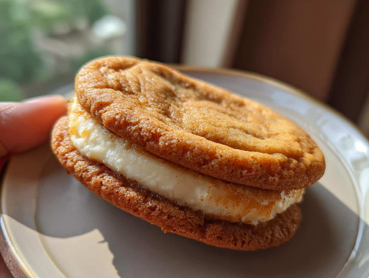 Close-up of a single Pumpkin Cheesecake Cookies Secret, showing the soft cookie exterior and creamy cheesecake filling.
