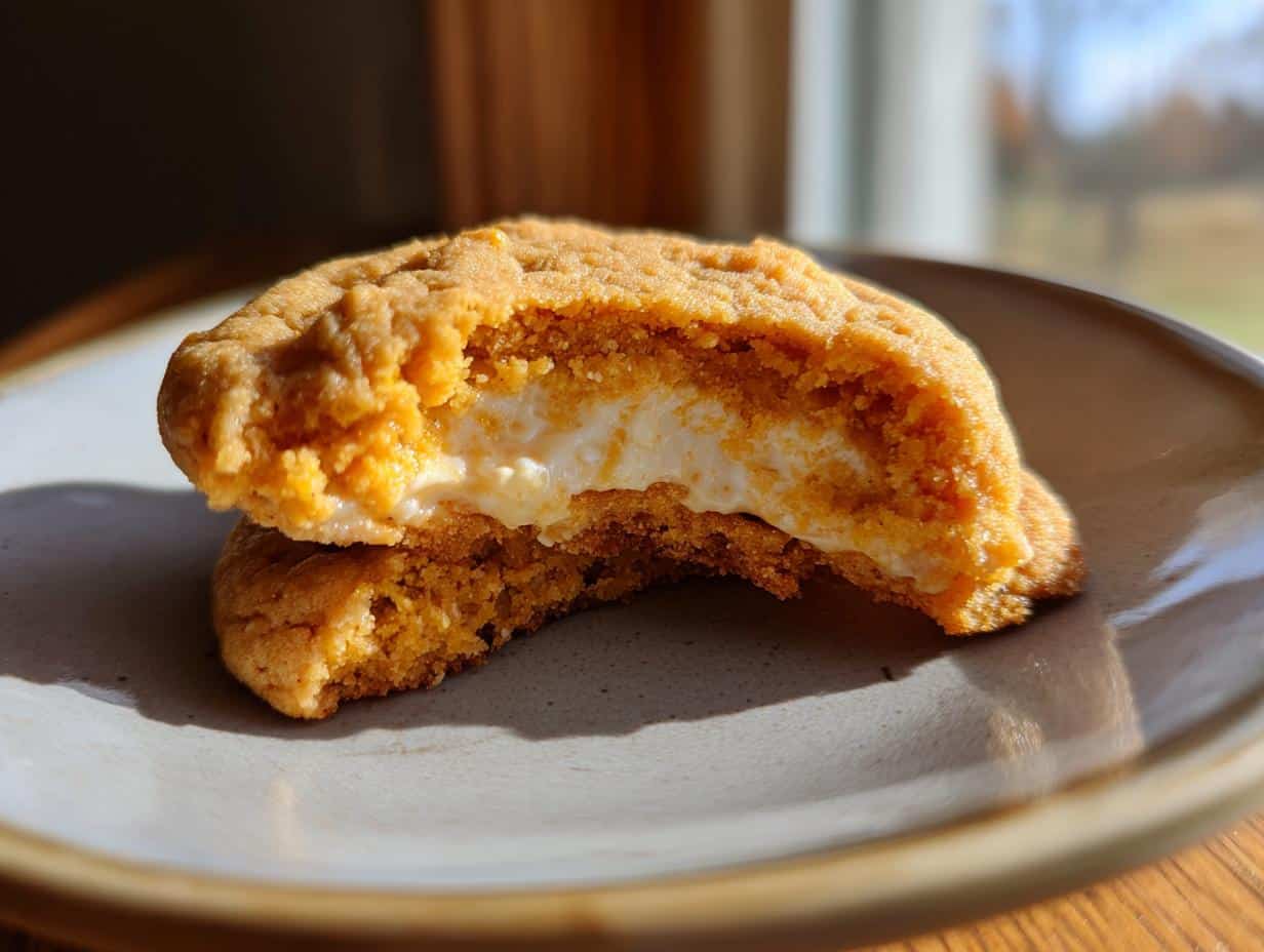 A halved Pumpkin Cheesecake Cookies showing the soft pumpkin cookie exterior and the creamy white cheesecake filling inside.