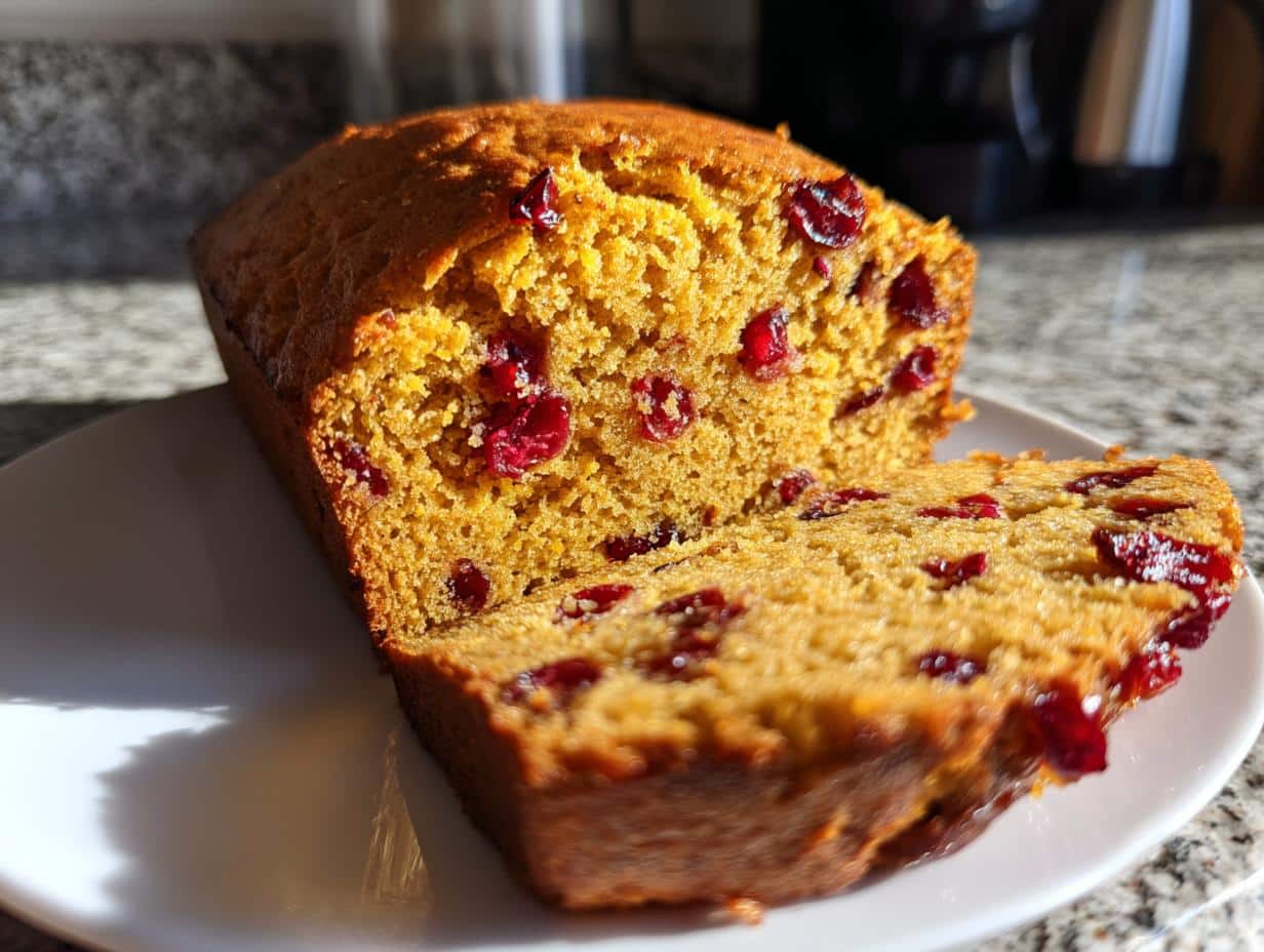 A close-up of a freshly baked pumpkin cranberry bread loaf, with one slice cut and showing the cranberries throughout.