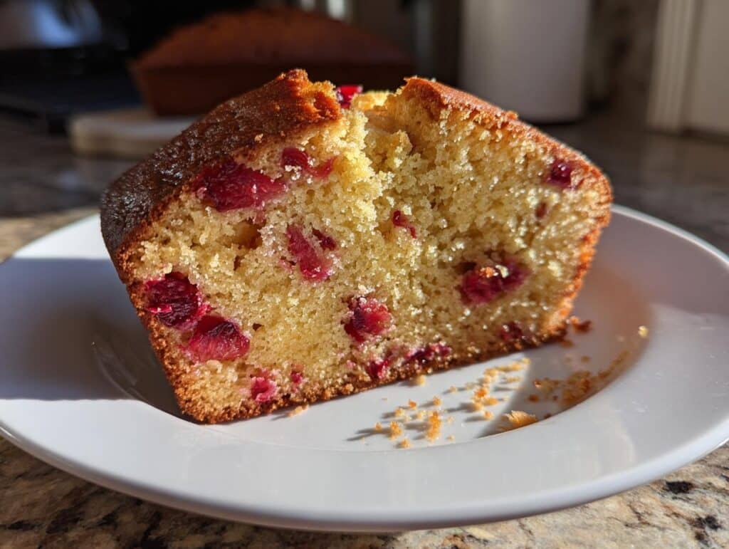 A close-up of a golden-brown slice of pumpkin cranberry bread on a white plate, showing visible cranberries.