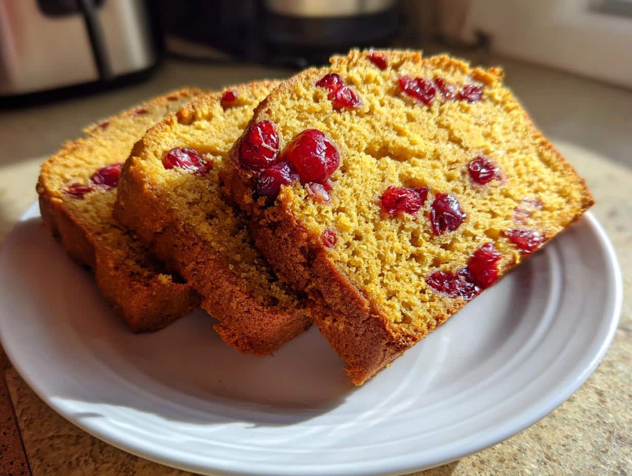 Three golden-brown slices of pumpkin cranberry bread, studded with red cranberries, on a white plate.