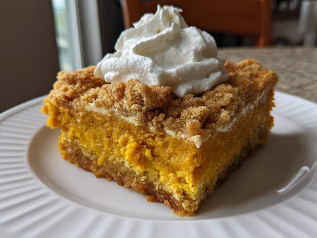 A delicious slice of Pumpkin Dump Cake topped with a generous dollop of white whipped cream on a white plate.