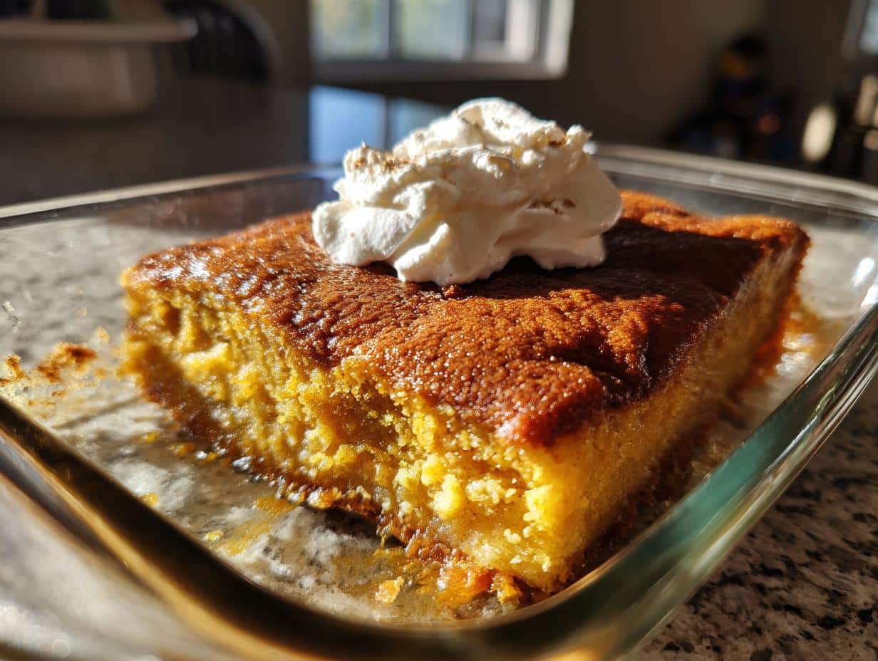 A golden-brown slice of Pumpkin Dump Cake in a glass dish, topped with a dollop of white whipped cream and a sprinkle of cinnamon.
