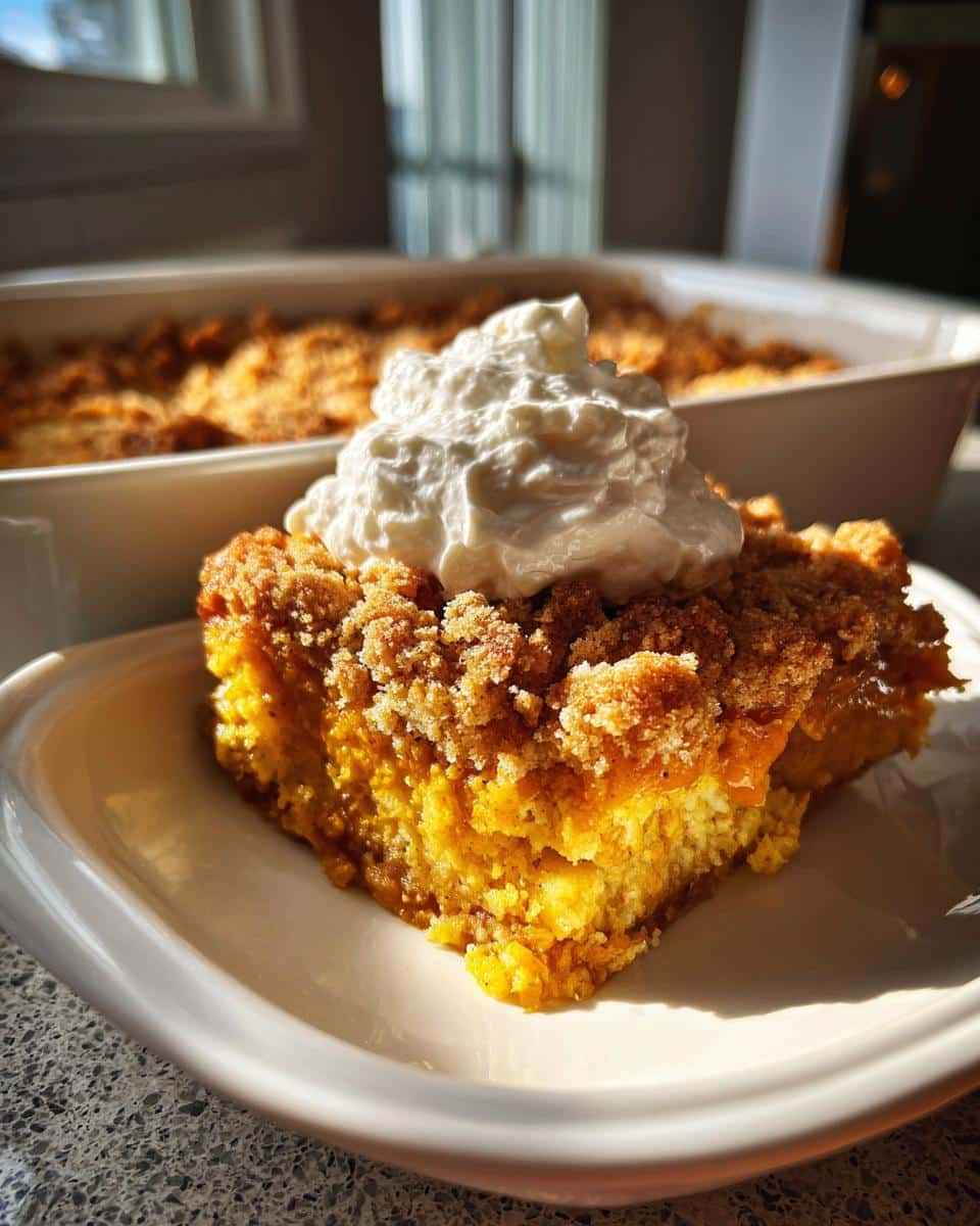 A delicious slice of Pumpkin Dump Cake topped with a dollop of fluffy whipped cream, on a white plate.