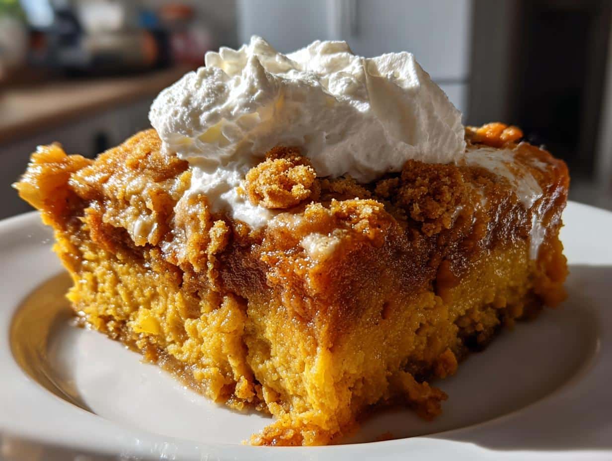 A close-up of a delicious slice of Pumpkin Dump Cake topped with a dollop of fluffy whipped cream on a white plate.
