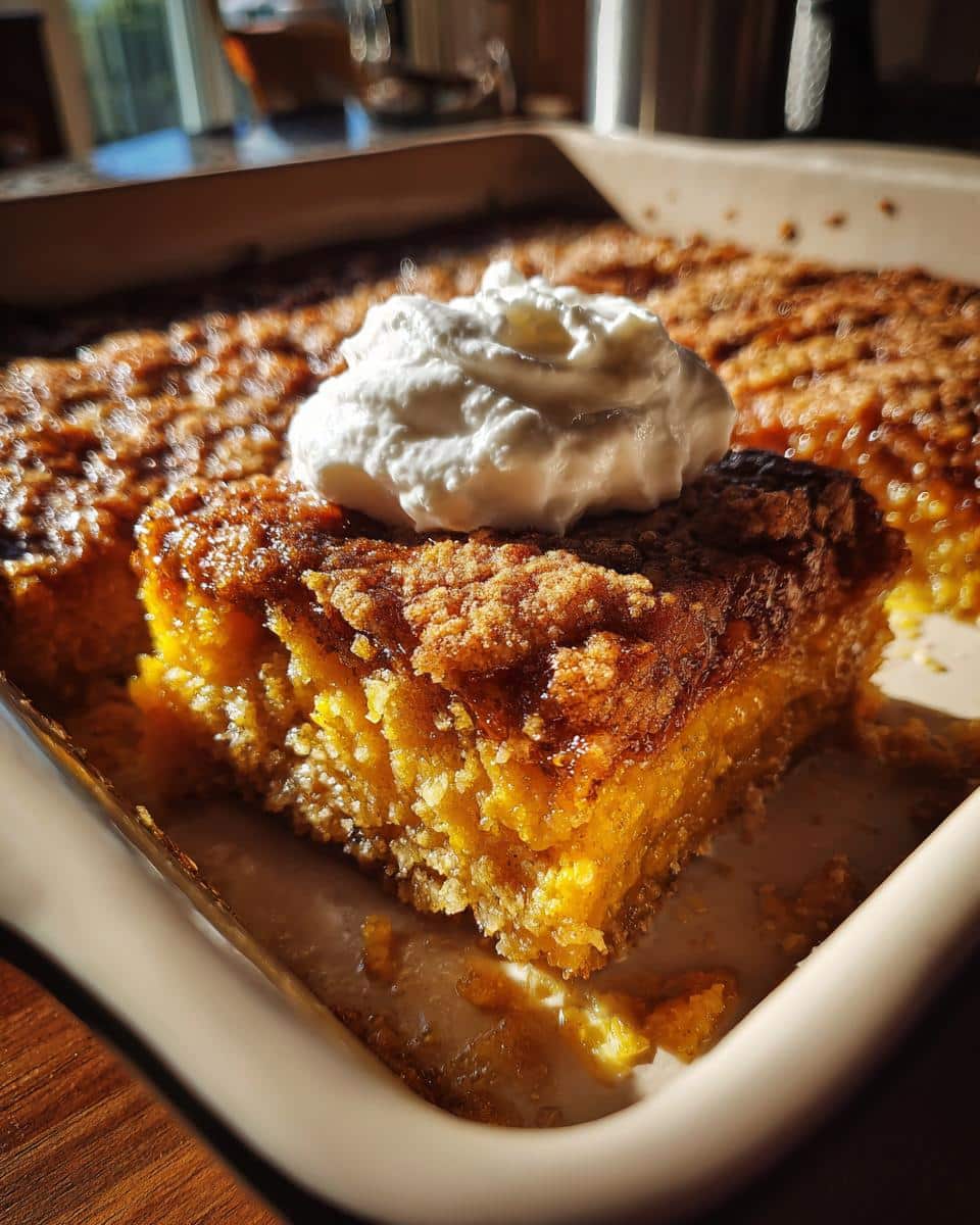 A close-up of a slice of Pumpkin Dump Cake, topped with a dollop of white whipped cream, in a baking dish.
