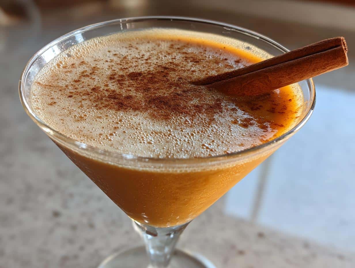 Close-up of a Pumpkin Martini in a martini glass, garnished with a cinnamon stick and sprinkled with cinnamon powder.