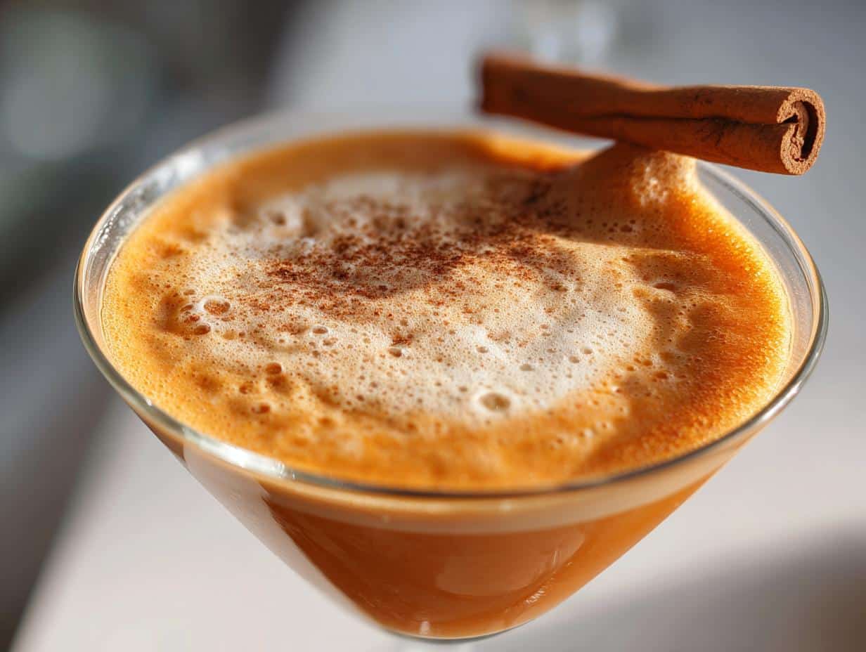 Close-up of a Pumpkin Martini in a martini glass, topped with foam, sprinkled with cinnamon, and garnished with a cinnamon stick.