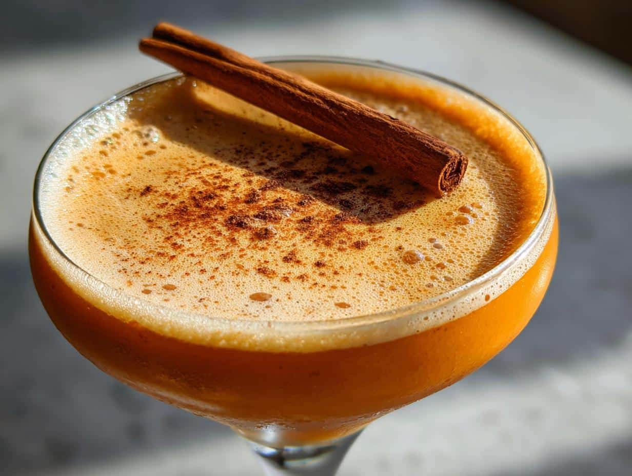 Close-up of a Pumpkin Martini in a coupe glass, garnished with a cinnamon stick and sprinkled with cinnamon.