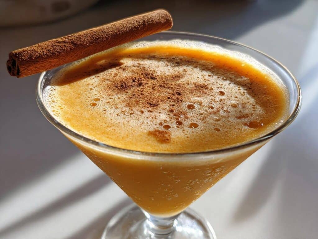 A close-up of a Pumpkin Martini Festive Fall Cocktail in a martini glass, garnished with a cinnamon stick and sprinkled with cinnamon powder.