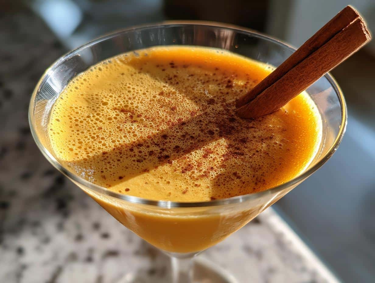 A close-up of a Pumpkin Martini Festive Fall Cocktail in a martini glass, garnished with a cinnamon stick and sprinkled with cinnamon.