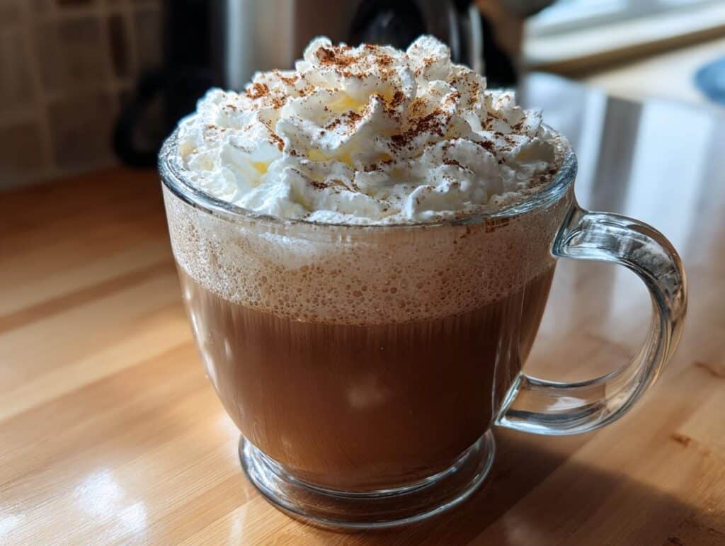 A glass mug filled with Pumpkin Spice Latte, topped with whipped cream and a sprinkle of spice.
