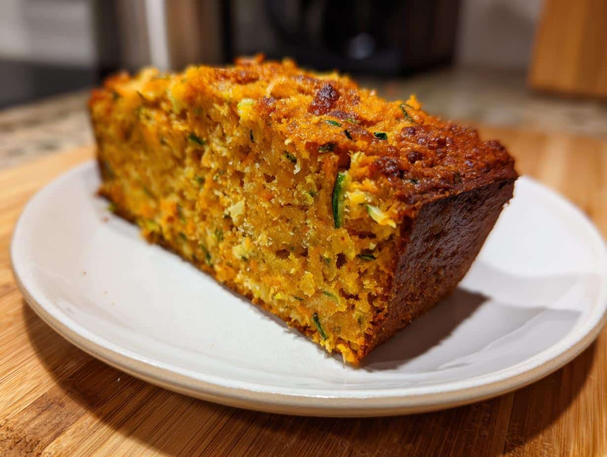 A golden-brown loaf of Pumpkin Zucchini Bread on a white plate, showcasing its moist texture and visible zucchini pieces.