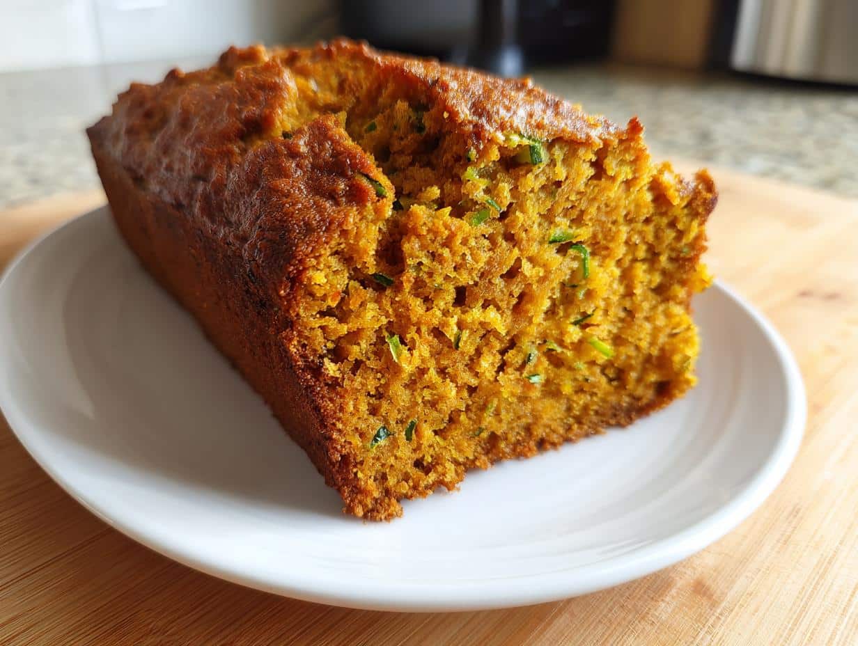 A close-up of a golden-brown loaf of Pumpkin Zucchini Bread on a white plate, showing its moist texture.