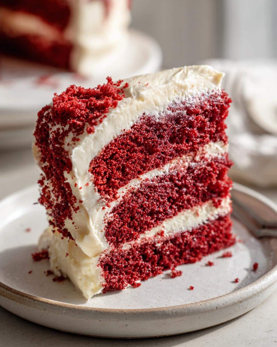 A close-up of a delicious slice of red velvet cake recipe with multiple layers of red cake and white cream cheese frosting, topped with red crumbs.