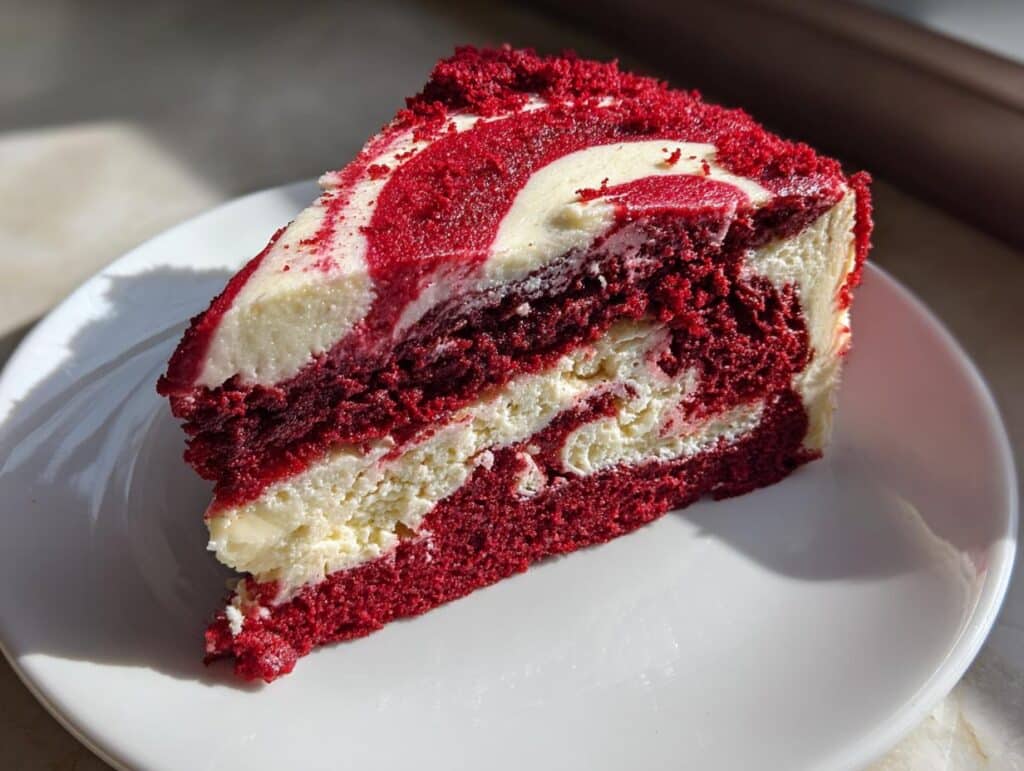A close-up of a slice of Red Velvet Cheesecake Swirl Cake on a white plate, showing distinct red cake and white cheesecake layers.