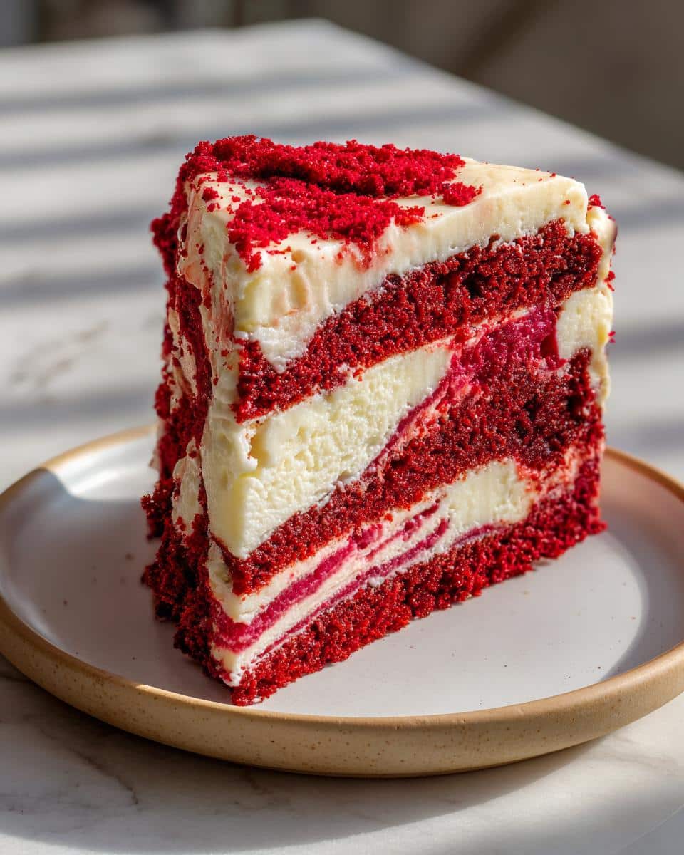 A close-up of a slice of Red Velvet Cheesecake Swirl Cake on a white plate, showing distinct red cake layers and white cheesecake swirls.