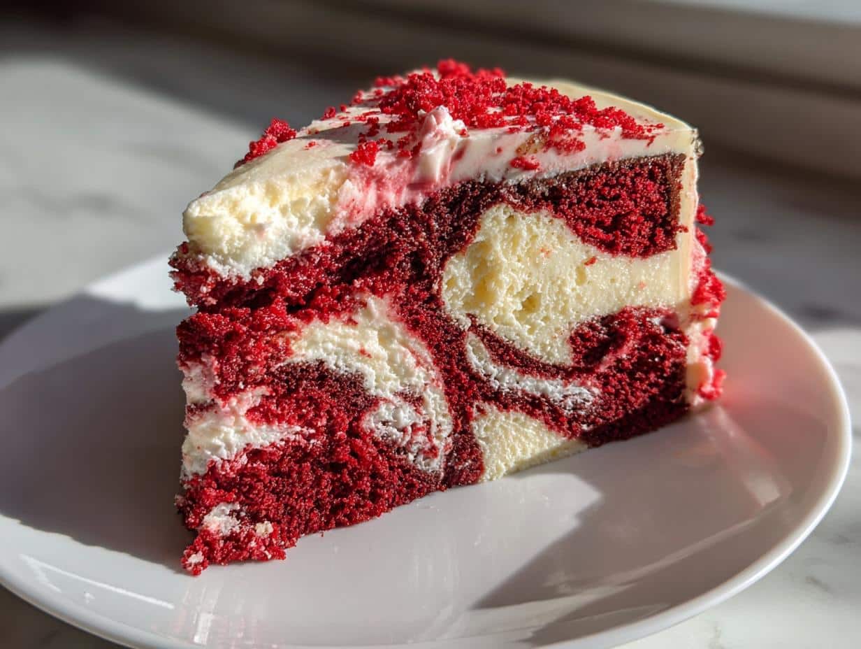 A close-up of a slice of Red Velvet Cheesecake Swirl Cake on a white plate, showing red cake and white cheesecake swirls.