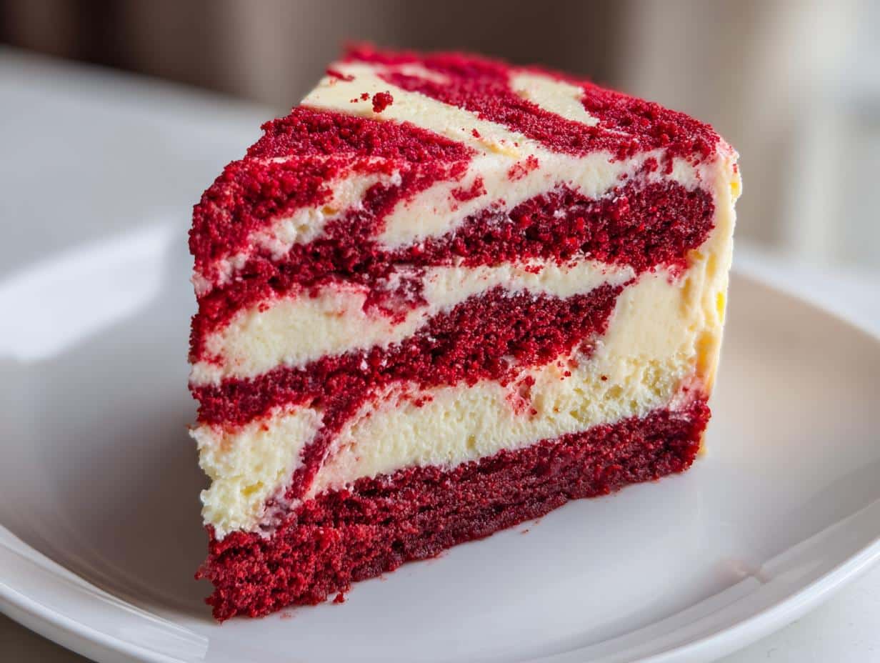 A close-up of a single slice of Red Velvet Cheesecake Swirl Cake on a white plate, showing distinct red and white layers.