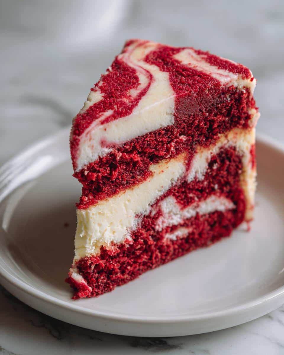 A close-up of a single slice of Red Velvet Cheesecake Swirl Cake on a white plate, showing red cake layers and white cheesecake swirls.