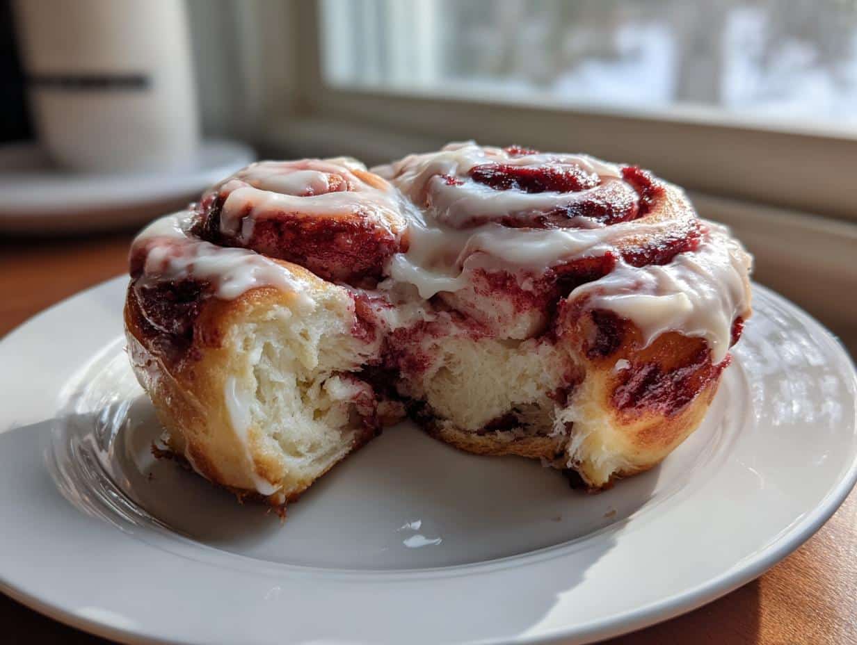 A close-up of a Red Velvet Cinnamon Roll on a white plate, with a bite taken out, showing the soft interior and icing.