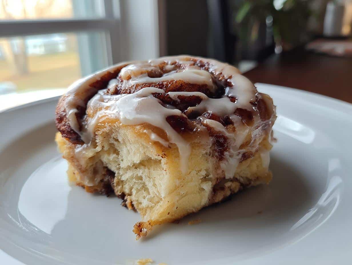 A close-up shot of a single Red Velvet Cinnamon Roll on a white plate, topped with generous white icing.