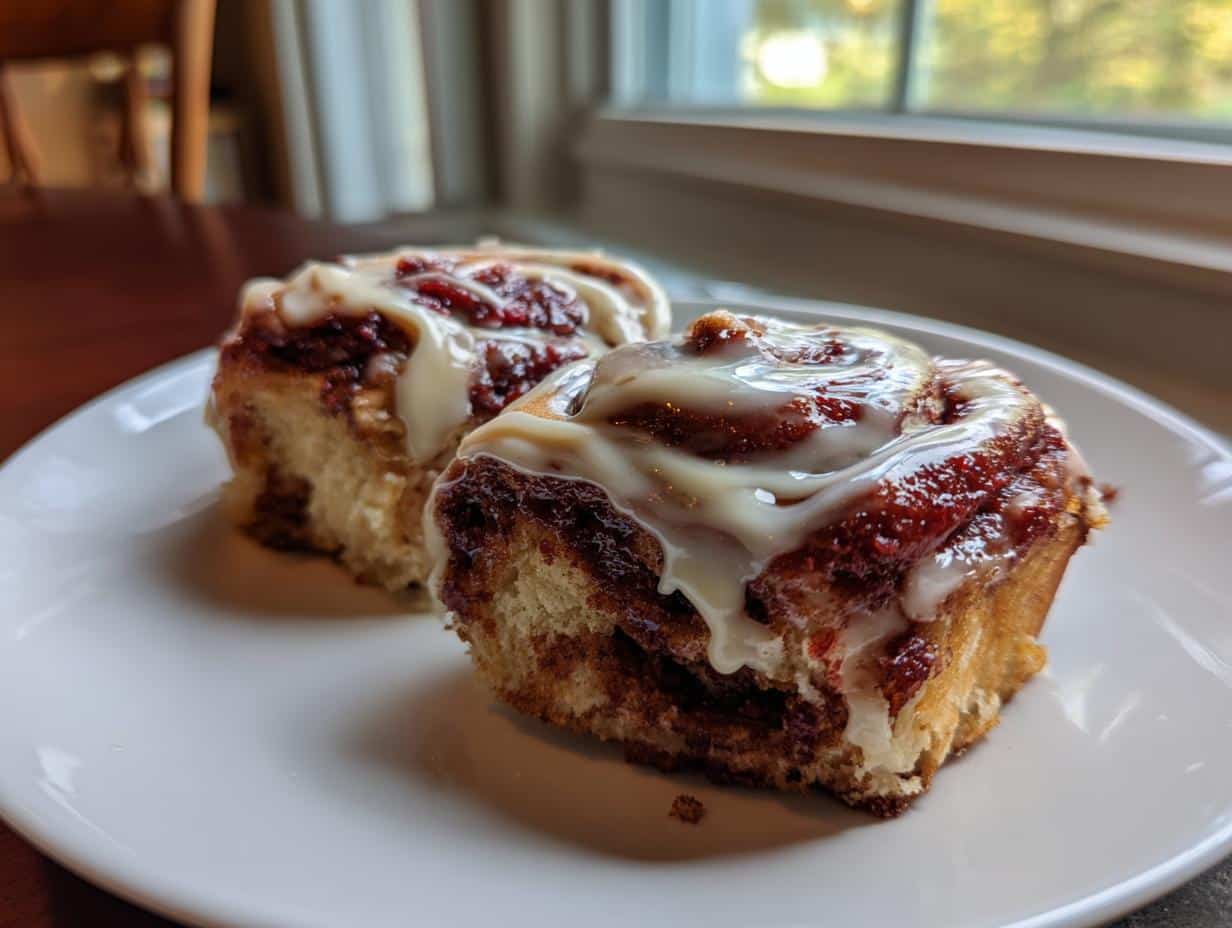 Two delicious Red Velvet Cinnamon Rolls with white icing on a white plate, with a window in the background.