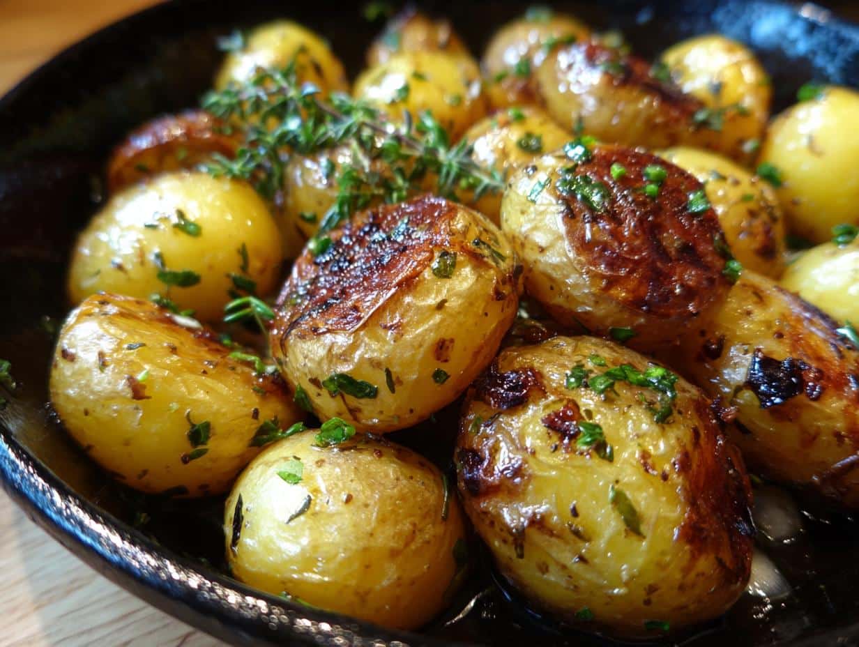 Close-up of golden brown roasted baby potatoes garnished with fresh herbs, ready to be served with CREAMY GARLIC SAUCE BABY POTATOES.