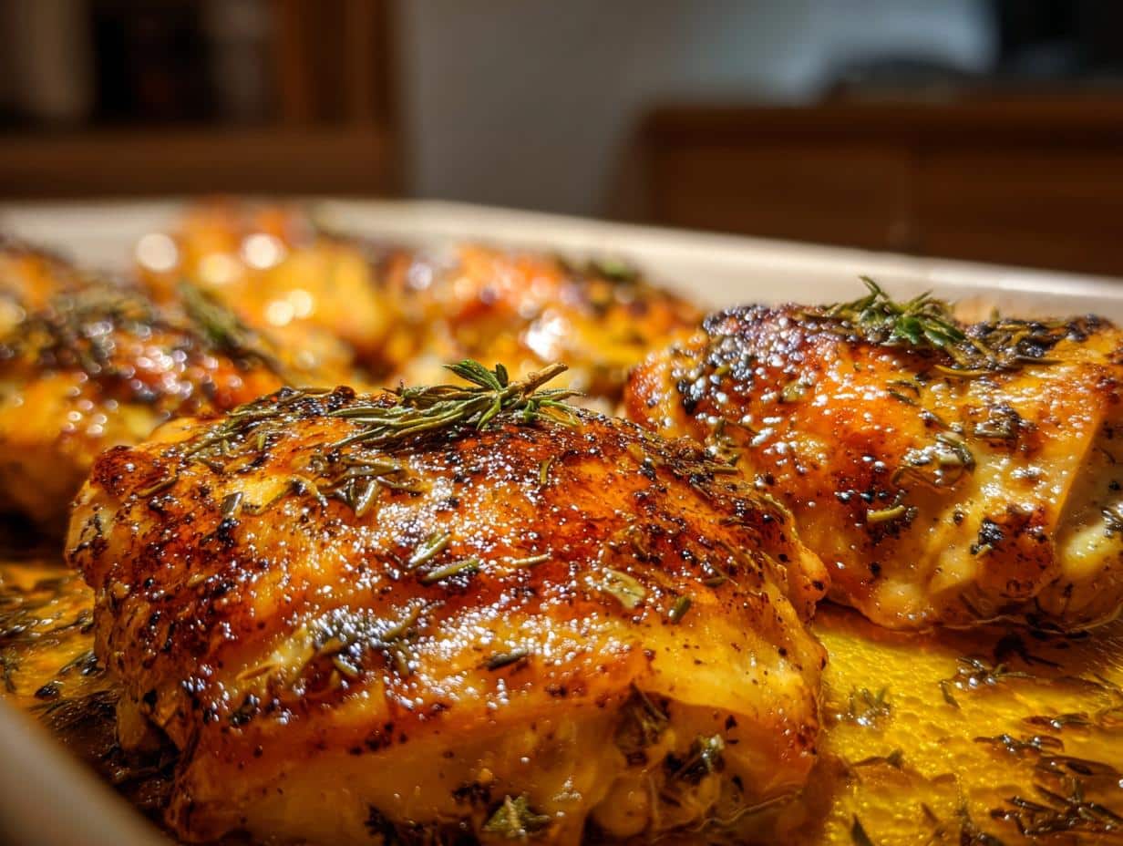 Close-up of golden-brown roasted chicken pieces, glistening with juices and topped with fresh herbs, ready for Easy Chicken with Boursin Sauce.