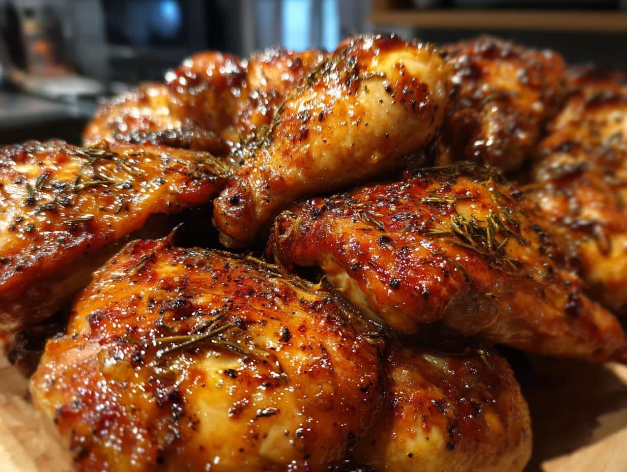 Close-up of golden-brown roasted chicken pieces, glistening with glaze and sprinkled with herbs, ready for an Easy Chicken with Boursin Sauce dinner.