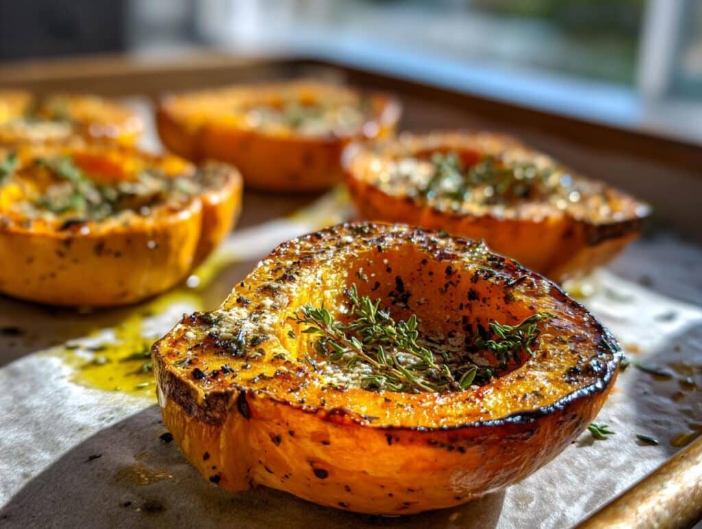 Close-up of roasted Kabocha Squash Recipes halves, seasoned with herbs and spices on a baking sheet.